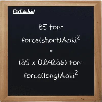 Cara konversi ton-force(short)/kaki<sup>2</sup> ke ton-force(long)/kaki<sup>2</sup> (tf/ft<sup>2</sup> ke LT f/ft<sup>2</sup>): 85 ton-force(short)/kaki<sup>2</sup> (tf/ft<sup>2</sup>) setara dengan 85 dikalikan dengan 0.89286 ton-force(long)/kaki<sup>2</sup> (LT f/ft<sup>2</sup>)